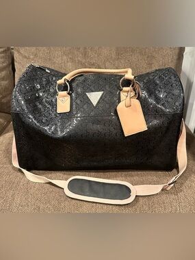 Guess Black Glossy Monogram Weekender with Tan Accents